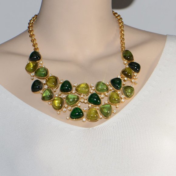 Kenneth Jay Lane KJL Gold-Tone Resin Cabochon & Crystal Bib Necklace - Picture 2 of 6